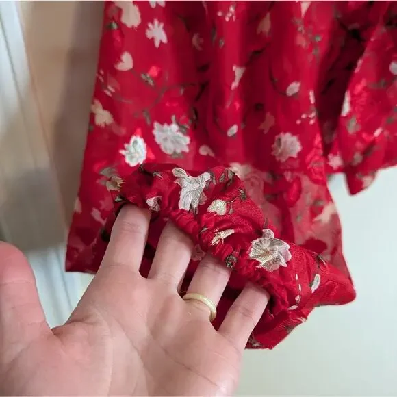 Lulu's red floral tie front long sleeve top - Picture 7 of 14